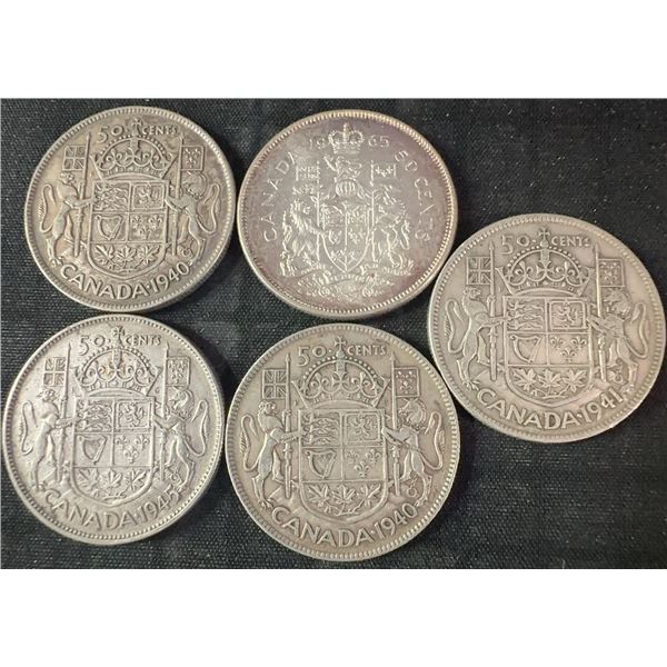 5 .800 Silver Canadian Half-Dollar Coins, 58g Total