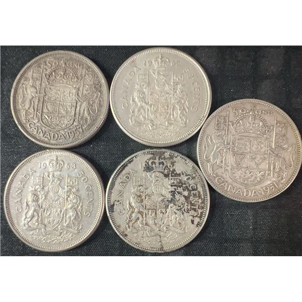 5 Canadian .800 Silver Half-Dollar Coins, 58g Total