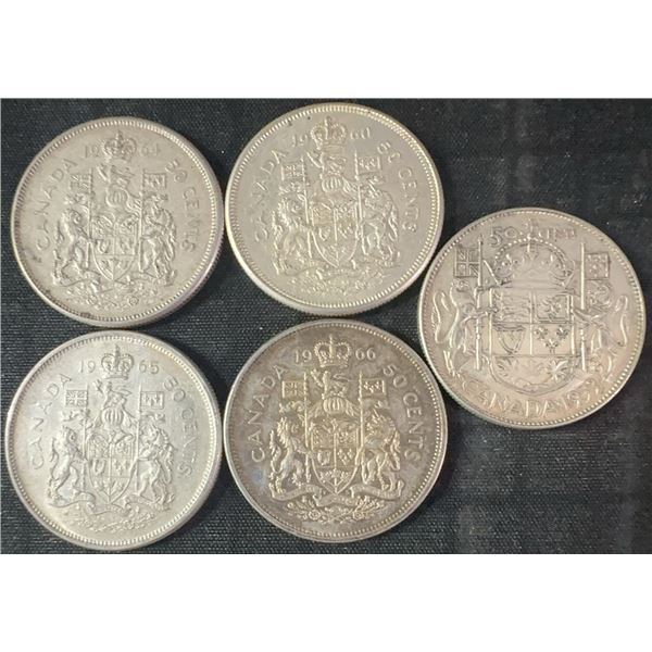 5 Canadian .800 Silver Half-Dollars, 58g Total