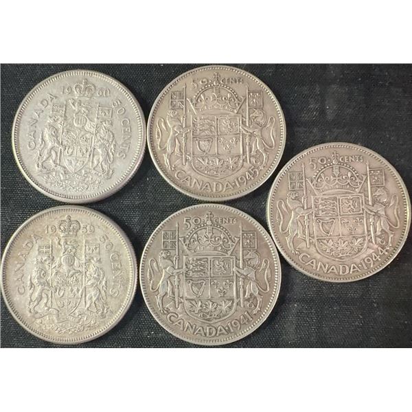 5 Canadian .800 Silver Half-Dollar Coins, 58g Total, 1.50 Troy Ounces