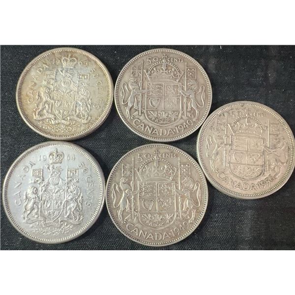 5 Canadian .800 Silver Half Dollars, 58g Total Weight