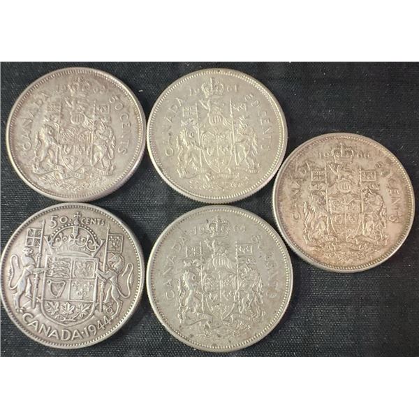 5 Canadian .800 Silver Half-Dollars, 58g Total