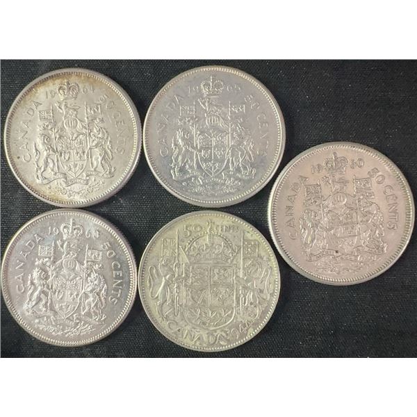 5 .800 Silver Canadian Half-Dollars, 58g Total