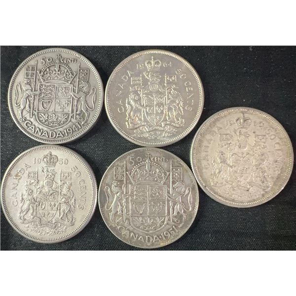 5 Canadian .800 Silver Half-Dollars, 58g Total