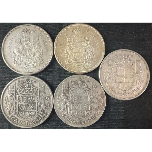 5 Canadian .800 Silver Half Dollars, 58g Total Silver Weight