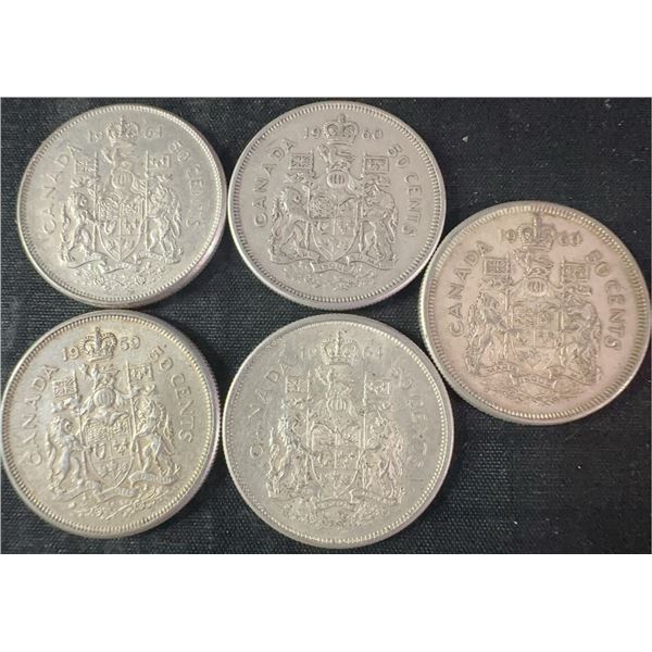 5 Canadian .800 Silver Half-Dollar Coins, 58g Total