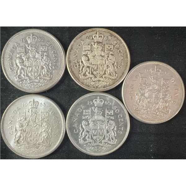 5 Canadian .800 Silver Half Dollars, 58g Total