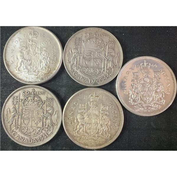 5 Canadian .800 Silver Half-Dollar Coins, 58g Total