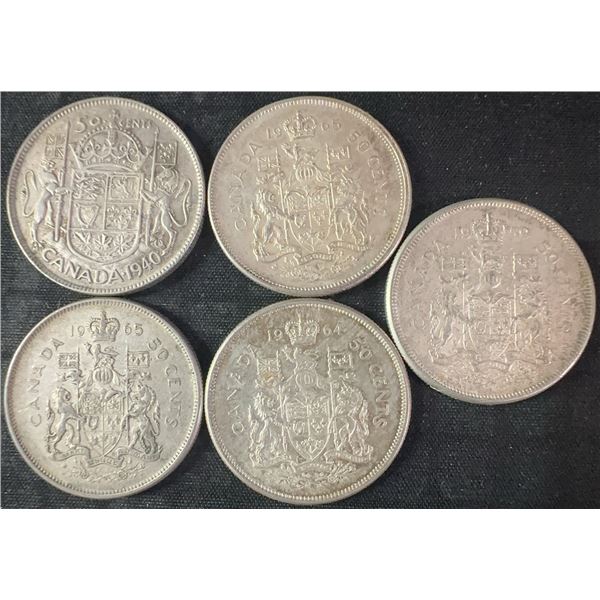 5 Canadian 50 Cents .800 Silver Coins, 58g Total, 1.50 Troy Oz