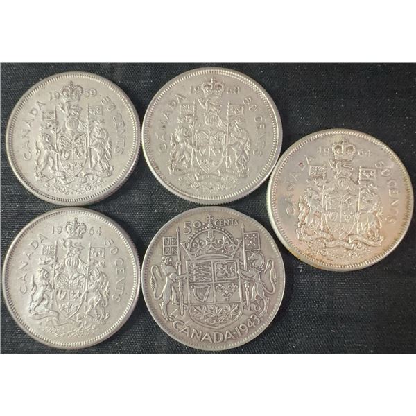 5 Canadian .800 Silver Half-Dollar Coins, 58g Total Weight