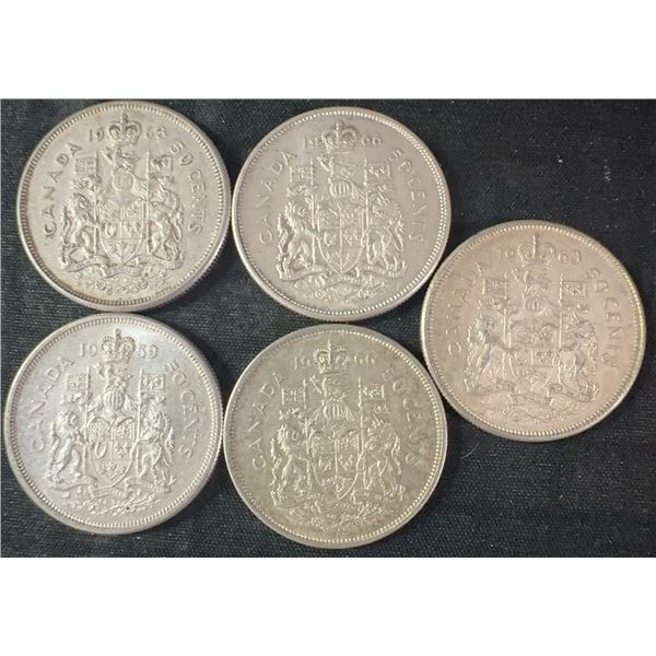 5 Canadian .800 Silver Half Dollars, 58g Total Weight
