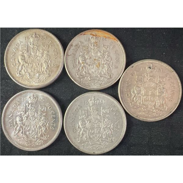 5 .800 Silver Canadian Half-Dollar Coins, 58g Total