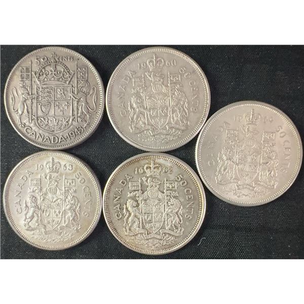 5 Canadian .800 Silver Half Dollars, 58.3g Total, 1.5 Troy Oz Silver