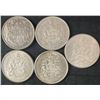 Image 1 : 5 Canadian .800 Silver Half Dollars, 58.3g Total, 1.5 Troy Oz Silver