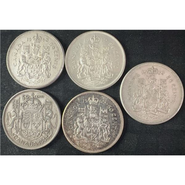 5 Canadian .800 Silver Half Dollars, 58.3g, 1.5 Troy Ounces