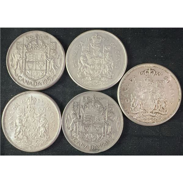 5 Canadian .800 Silver Half Dollars, 58.3g Total Weight