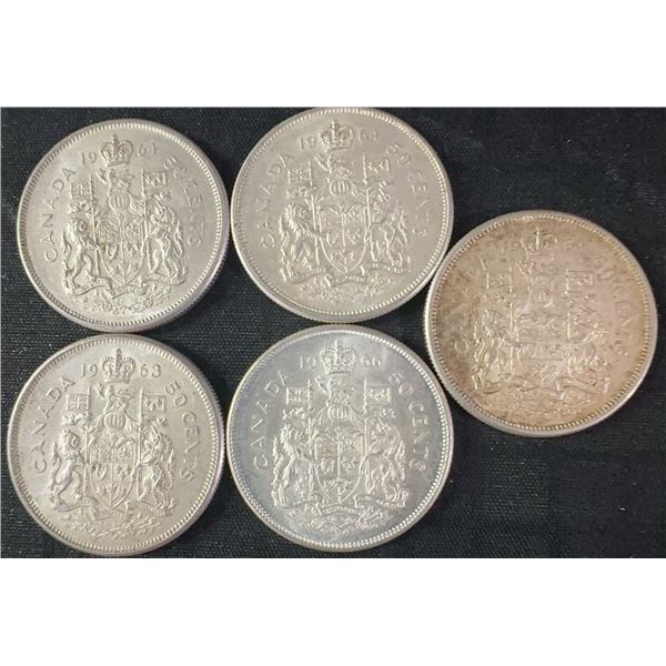 Five 80% Silver Canadian Half Dollars, 58.3g Total, 1.5 Troy Oz