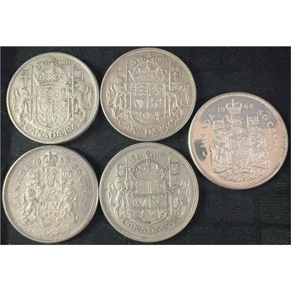 5 Canadian .800 Silver Half Dollars, 58.3g Total