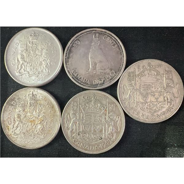 5 Canadian .800 Silver Half Dollars, 58.3g, 1.5 Troy Oz Silver