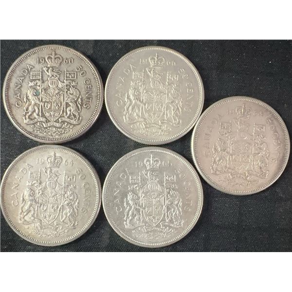 5 Canadian .800 Silver Half Dollars, 58.3g, 1.5 Troy Oz Silver