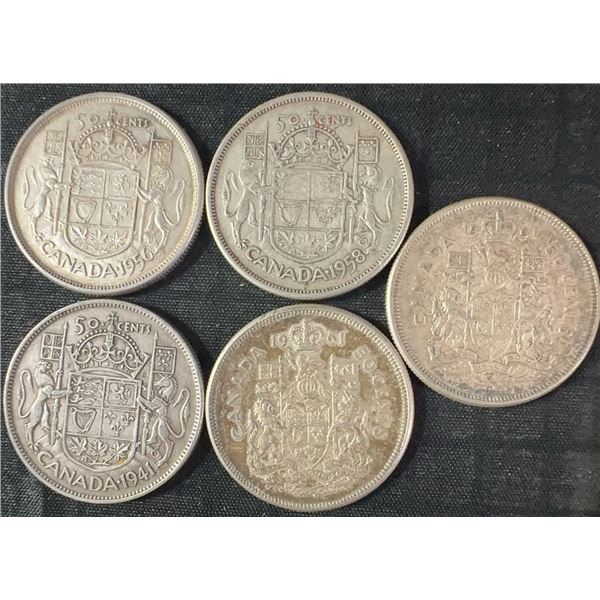 5 Canadian .800 Silver Half Dollars, 1.5 Troy Oz, 58.3g