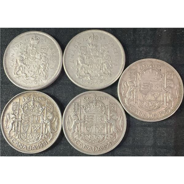 5 .800 Silver Canadian Half Dollars, 58.3g Total