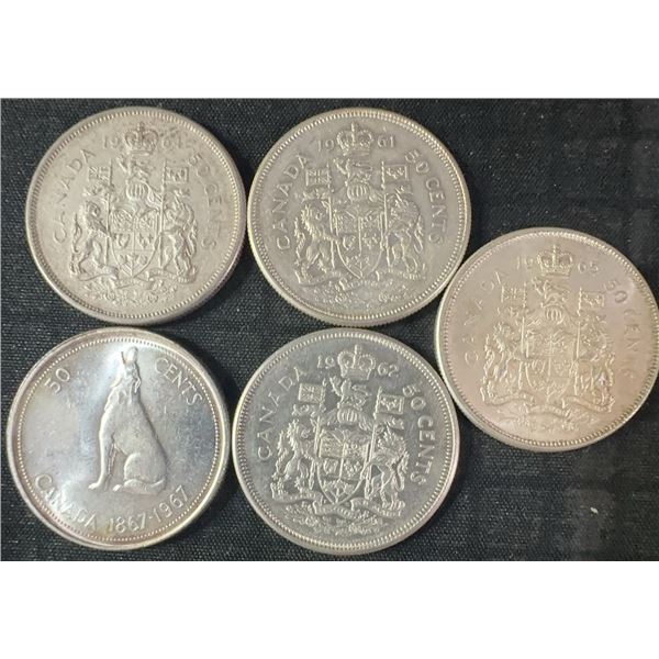5 .800 Silver Canadian Half Dollars, 58.3g Total
