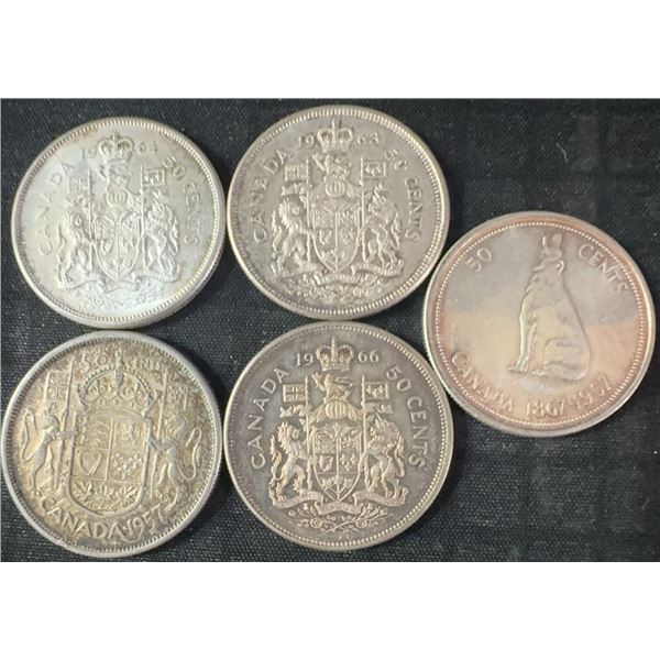 Five .800 Silver Canadian Half Dollars, 58.3g Total