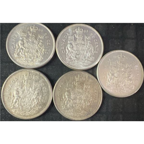 (5) .800 Silver Canadian Half Dollars, 58.3g, 1.5 Troy Ounces