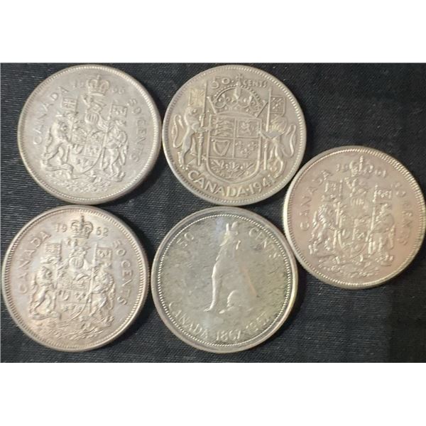 5 Canadian .800 Silver Half Dollars, 58.3g Total, 1.5oz Silver