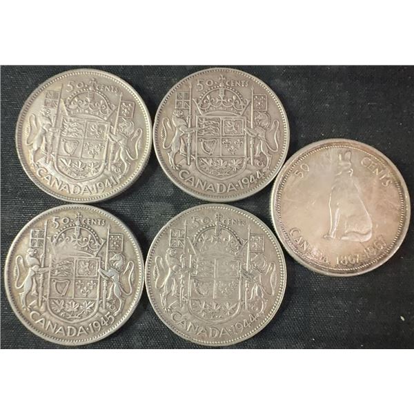 5 Canadian .800 Silver Half Dollars, 58.3g, 1.5 Troy Oz Silver Total