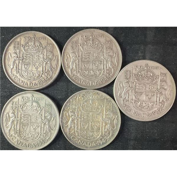 5 Canadian .800 Silver Half Dollars, 58.3g, 1.5 Troy Oz Silver