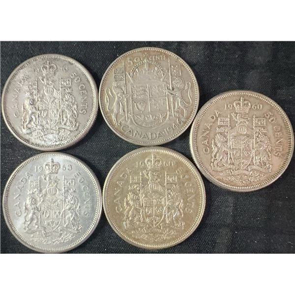 5 Canadian .800 Silver Half Dollars, 58.3g Total Weight
