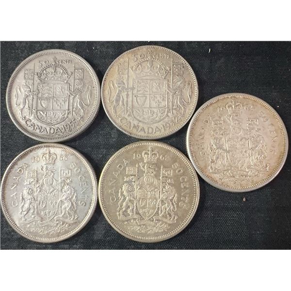 5 Canadian .800 Silver Half Dollars, 58.3g, 1.5 Troy Ounces Total