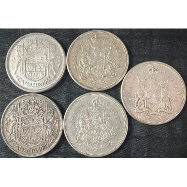 5 Canadian .800 Silver Half Dollars, 58.3g Total Silver Weight