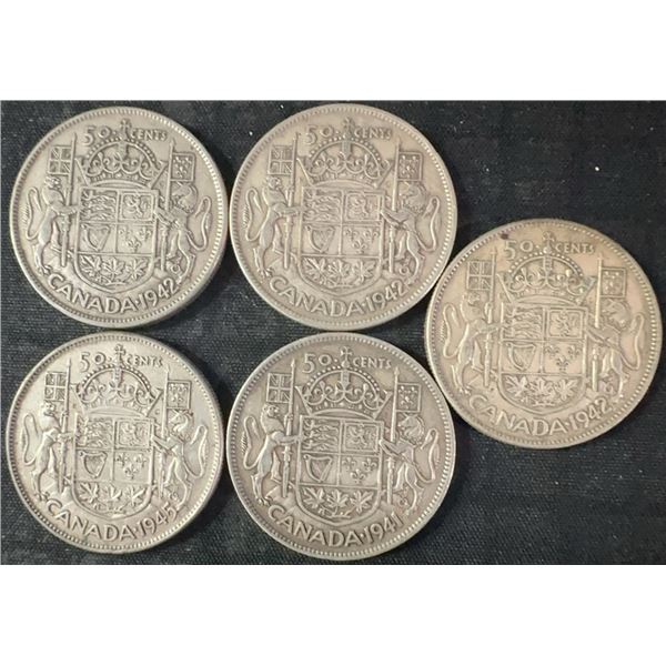 5 Canadian .800 Silver Half Dollars, 58.3g Total Weight