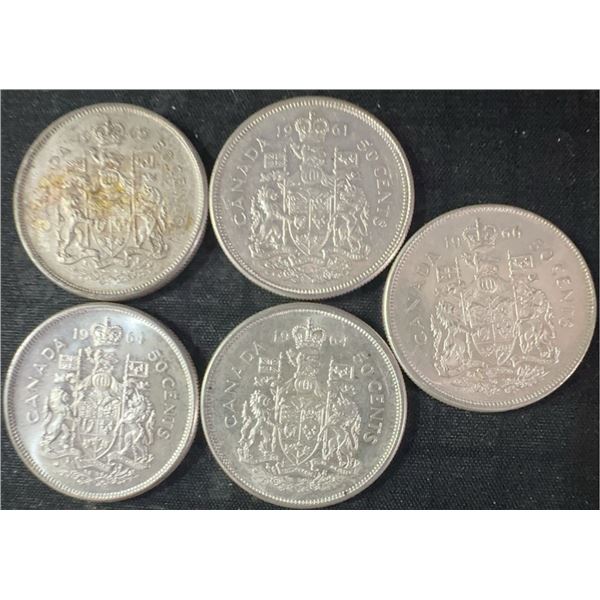 5 Canadian .800 Silver Half Dollars, 58.3g Total Weight