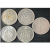 Image 1 : 5 Canadian .800 Silver Half Dollars, 58.3g Total Weight
