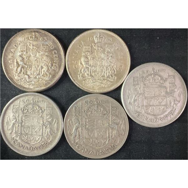 5 .800 Silver Canadian Half Dollars, 58.3g Total