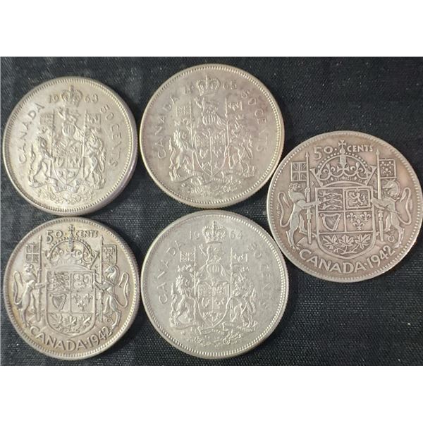 5 Canadian .800 Silver Half Dollars, 58.3g, Mixed Monarchs