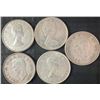 Image 2 : 5 Canadian .800 Silver Half Dollars, 58.3g, Mixed Monarchs
