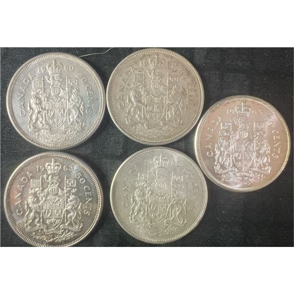 5 Canadian .800 Silver Half Dollars, 58.3g Total, 1.50oz Silver