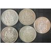 Image 1 : 5 Canadian .800 Silver Half Dollars, 58.3g Total, 1.50oz Silver
