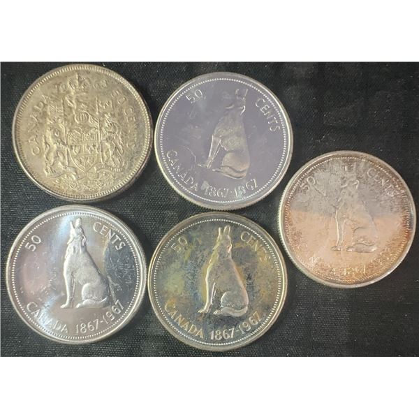 5 .800 Silver Canadian Half Dollars, 58.3g Total