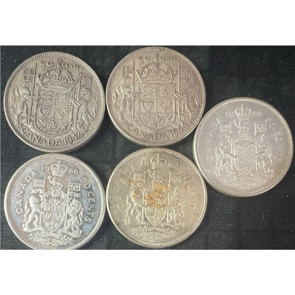 5 Canadian Silver 50 Cents Coins