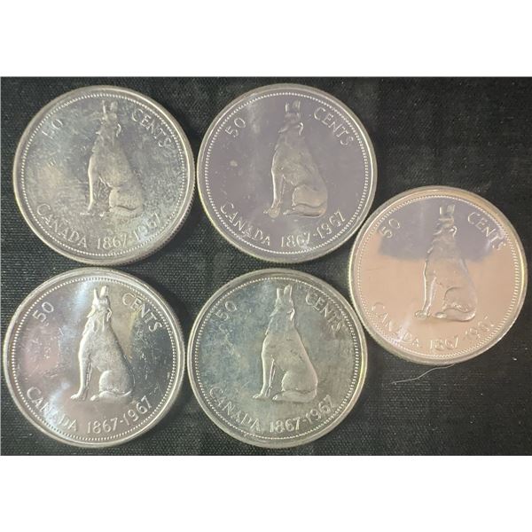 5 .800 Silver Canadian 50 Cent Coins, 58.3g Total