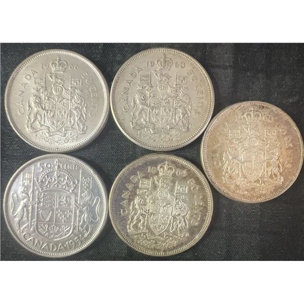 5 Canadian .800 Silver Half Dollars, 58.3g Total