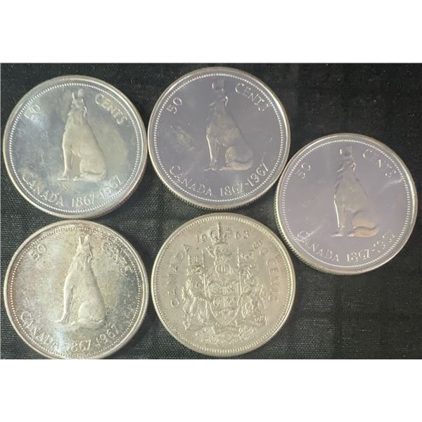 5 Canadian .800 Silver Half Dollars, 58.3g Total Weight