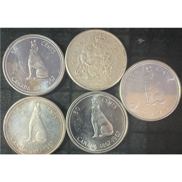 5 .800 Silver Canadian Half Dollars, 58.3g Total Weight