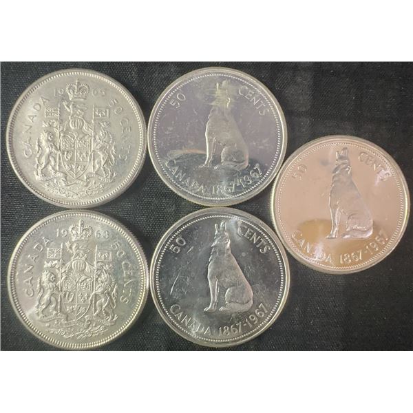 5 Canadian .800 Silver Half Dollars, 58.3g Total